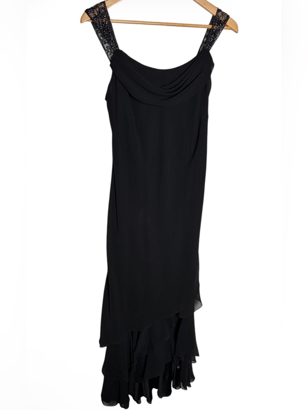 Y2K black beaded straps ruffle hem evening dress size 8
